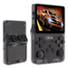 Handheld gaming console with transparent casing displaying a racing game on screen.