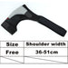 Black and gray shoulder strap with size chart on a white background
