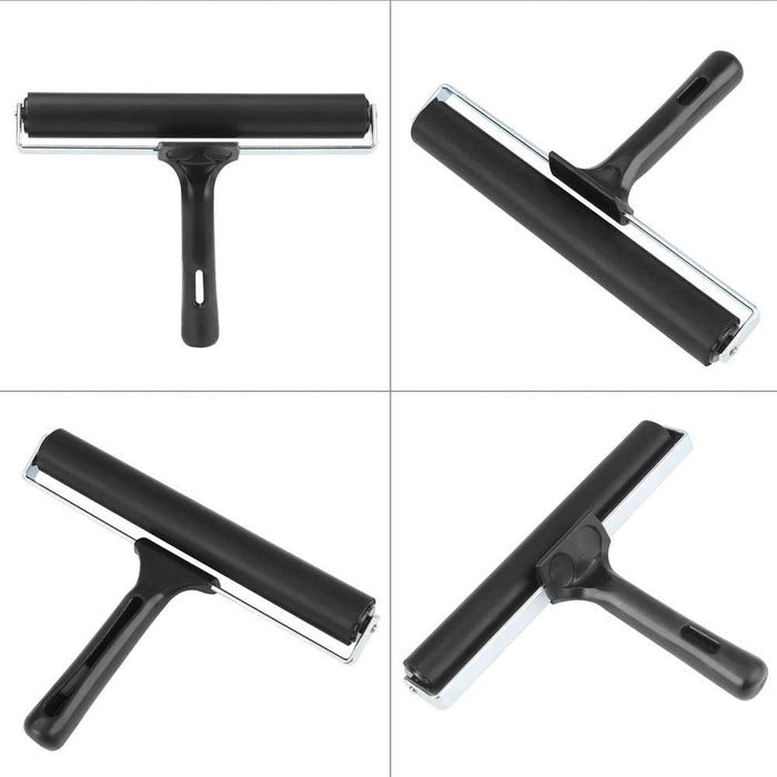 Four views of a black roller on a white background