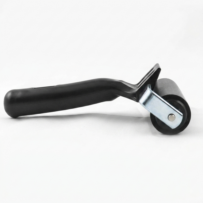 A black foam roller with a black handle and a silver metal bracket, shown on a plain white background.