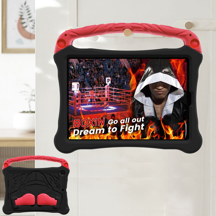 Black and red tablet case with boxing-themed design on a white wall.