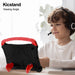Child using a Kicstand product with a tablet, wearing headphones.