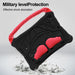 Black and red shock-absorbing case with military level protection text on a gray background