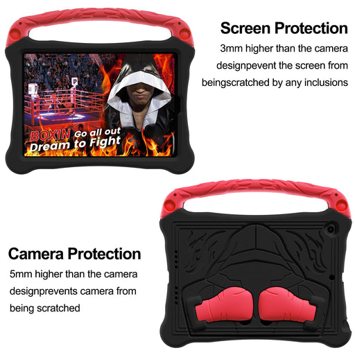 Black and red tablet case with screen and camera protection features on a white background.