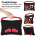 Black and red tablet case with handle and safety protection features, shown with a hand holding it.