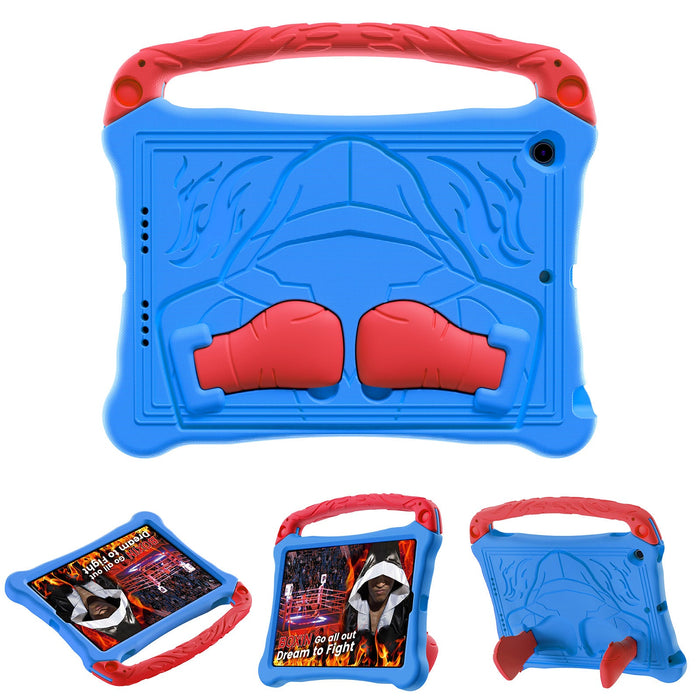 Blue and red tablet case with a handle on a white background