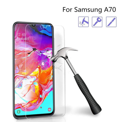 Samsung A70 phone with a screen protector and a hammer on a white background