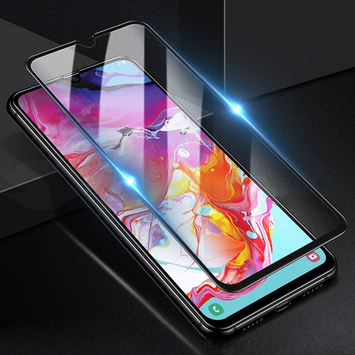 Smartphone with a colorful display and a clear protective screen overlay on a dark background