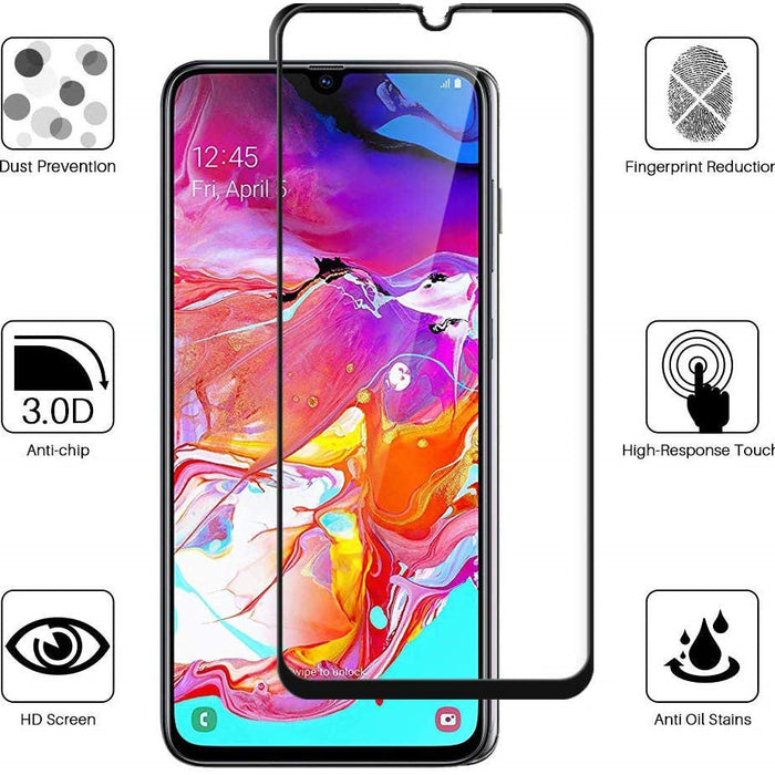 Smartphone with a screen protector displaying features on a white background