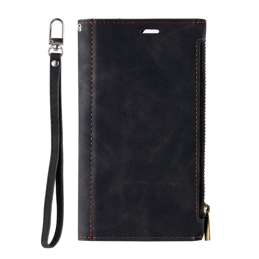 Black phone wallet case with a strap on a white background