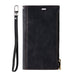 Black phone wallet case with a strap on a white background