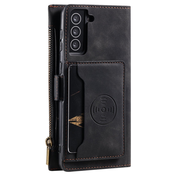 Black phone case with card slots and zipper on a white background
