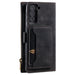 Black phone case with card slots and zipper on a white background