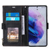 Black phone wallet case with card slots and photo frame, attached to a smartphone.