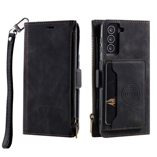 Black leather phone case with wallet and strap features on a white background