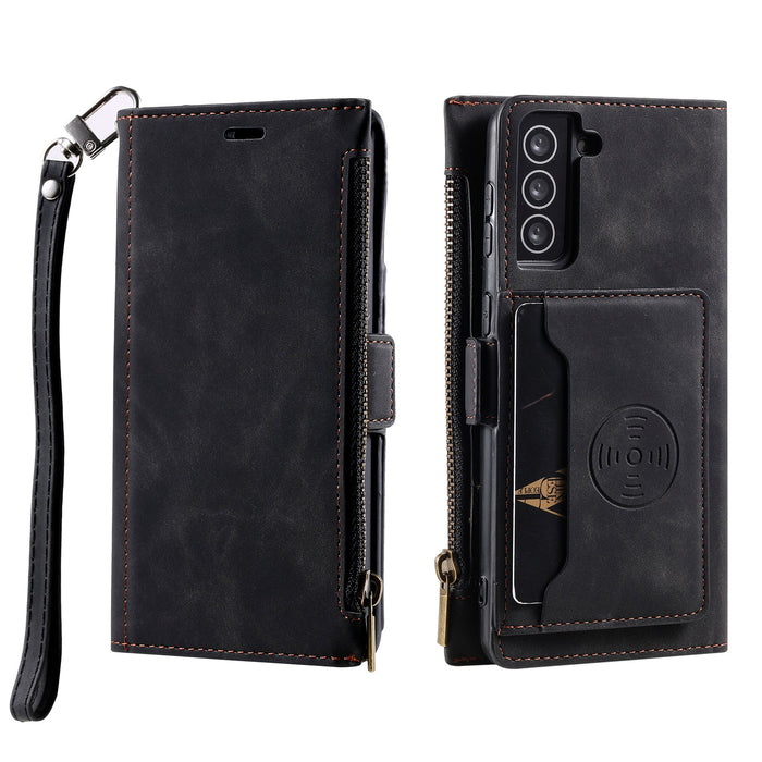 Black leather phone case with wallet and strap features on a white background