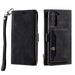 Black leather phone case with wallet and strap features on a white background