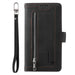 Blue phone wallet case with a zipper and strap on a white background