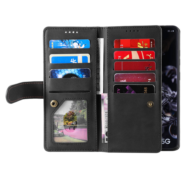 Black wallet phone case with card slots and photo frame on a white background