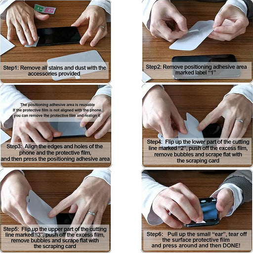 Step-by-step guide on applying a protective film to a smartphone with hands performing each step.