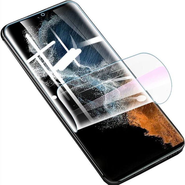 Smartphone with a transparent screen protector on a white background