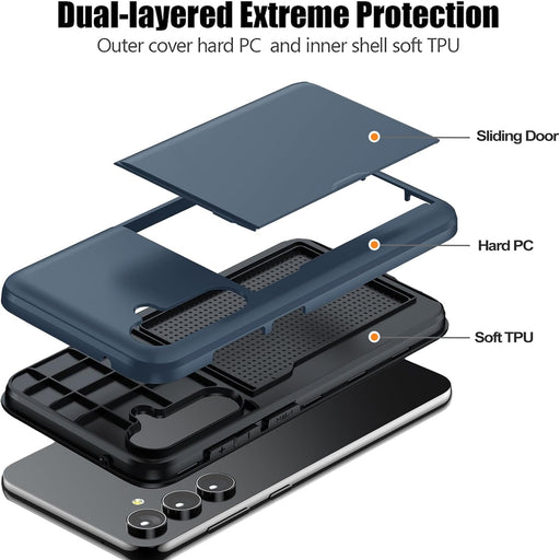 Phone case with dual-layered design showing hard PC and soft TPU components.