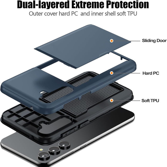 Phone case with dual-layered design showing hard PC and soft TPU components.