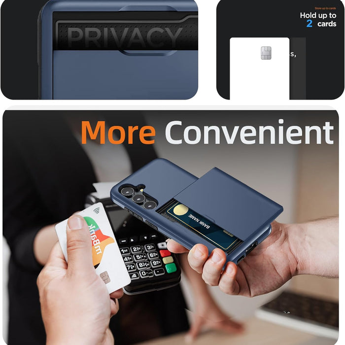 Phone case with card holder feature, showing 'Privacy', 'More Convenient' text, and a person using the phone.