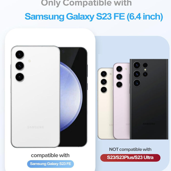 Compatibility information for Samsung Galaxy S23 FE smartphone on a white background