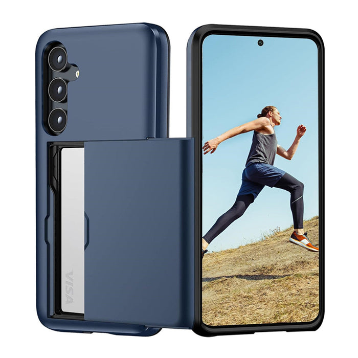 Blue phone case with a phone screen showing a person running on a hill