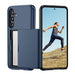 Blue phone case with a phone screen showing a person running on a hill