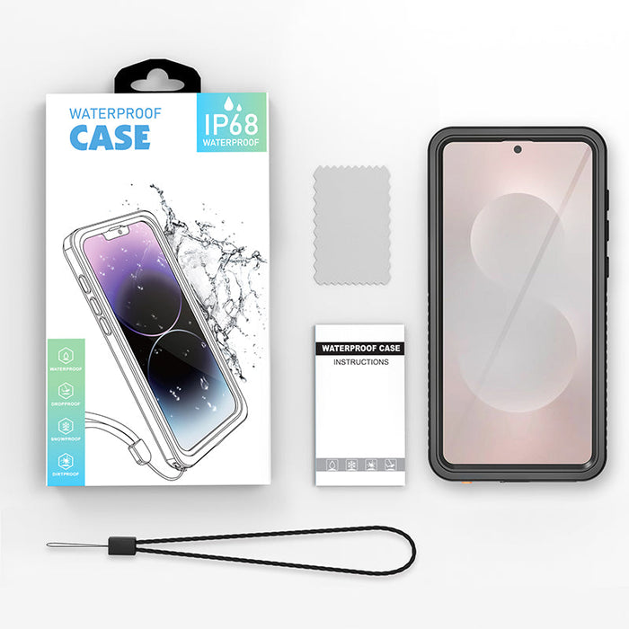 Phone case packaging with phone case, screen protector, and lanyard on a white background