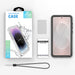 Phone case packaging with phone case, screen protector, and lanyard on a white background