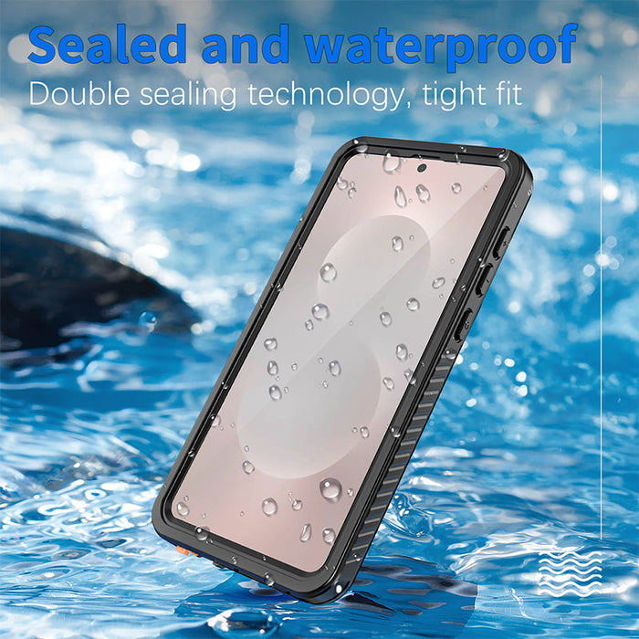 Phone case with water droplets on screen, submerged in water with text 'Sealed and waterproof' and 'Double sealing technology, tight fit'.