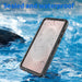 Phone case with water droplets on screen, submerged in water with text 'Sealed and waterproof' and 'Double sealing technology, tight fit'.