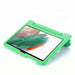Green tablet case with a screen displaying a nature scene on a white background
