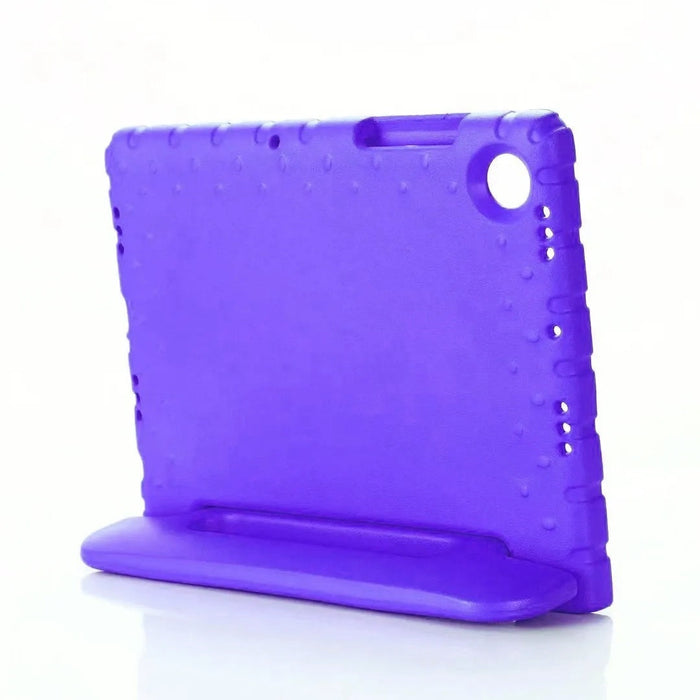 Purple tablet case with a stand on a white background
