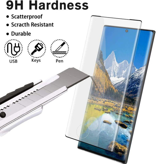 Promotional image demonstrating a 9H hardness tempered glass screen protector being tested with a utility knife blade over a smartphone screen.