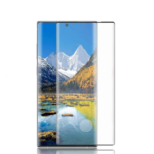 A transparent tempered glass screen protector hovering slightly in front of a smartphone displaying a mountain landscape wallpaper.