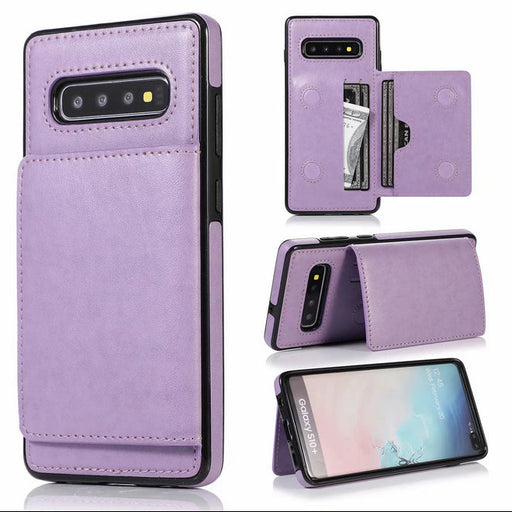 Purple phone case with card slots and stand feature on a white background