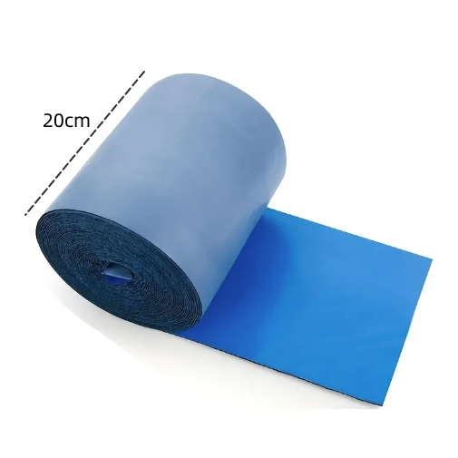 Roll of blue tape  material with a piece cut off, showing dimensions on a white background