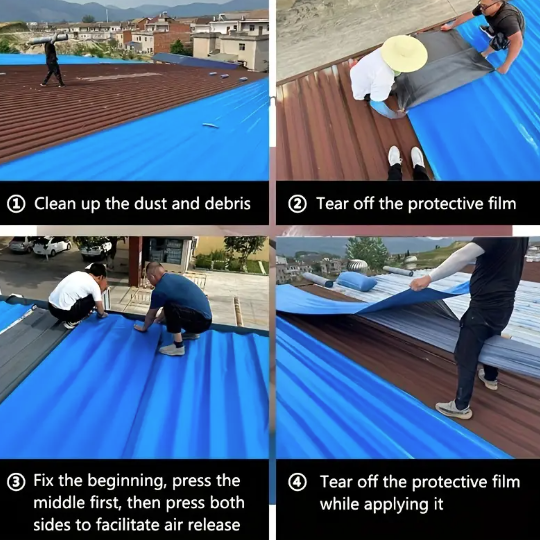 Step-by-step process of applying a blue protective tape on a roof.