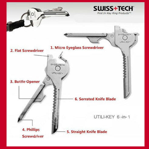 Swiss+Tech UTILI-KEY 6-in-1 keychain tool with labeled features on a white background.