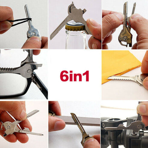 Multitool with multiple functions shown in a collage, labeled '6in1'.