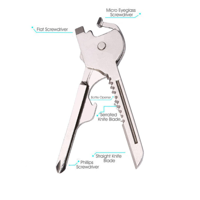 Multifunctional tool with various blades labeled on a white background