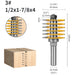 Woodworking router bit with measurements and a sample cut on wood.