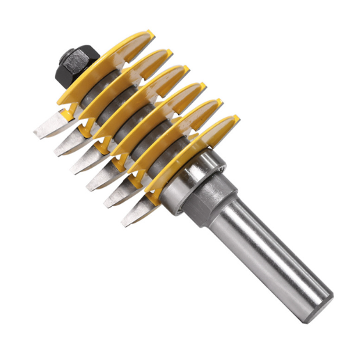Router bit with multiple yellow cutting heads on a white background