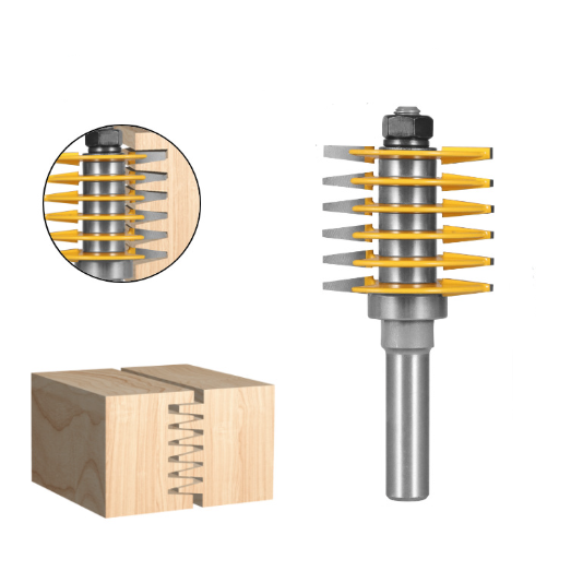 Woodworking router bit with a close-up inset showing the cutting teeth on a white background.