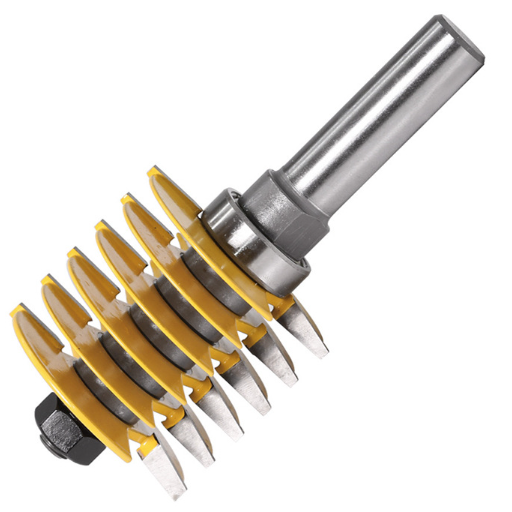 Cylindrical router bit with yellow and silver design on a white background