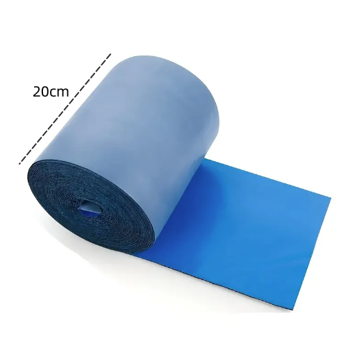 Roll of blue tape  with a piece cut off, showing dimensions on a white background